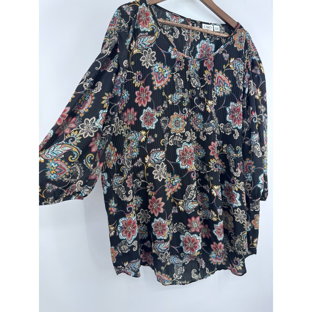 Cato Black Floral crinkle blouse peasant sleeve fall semi-sheer floral paisley - Picture 10 of 10